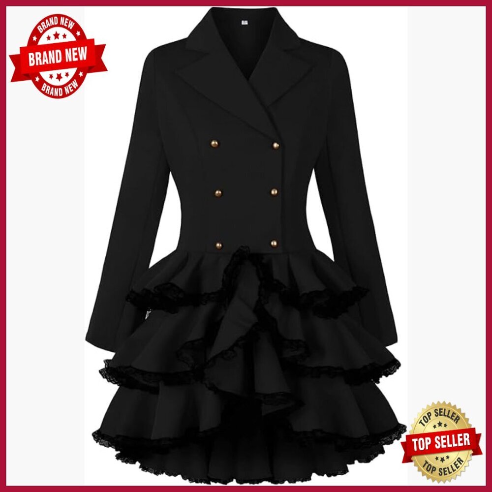 Double Breasted Victorian Steampunk Blazer Coat with Lace Hem